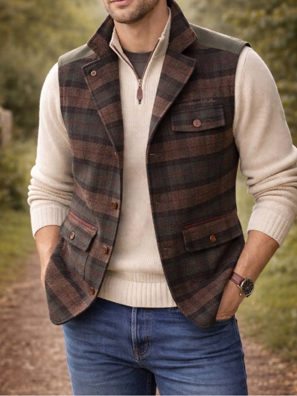 Marshall Artist Plaid Wool Utility Vest Button Front Field Gilet Men Large
